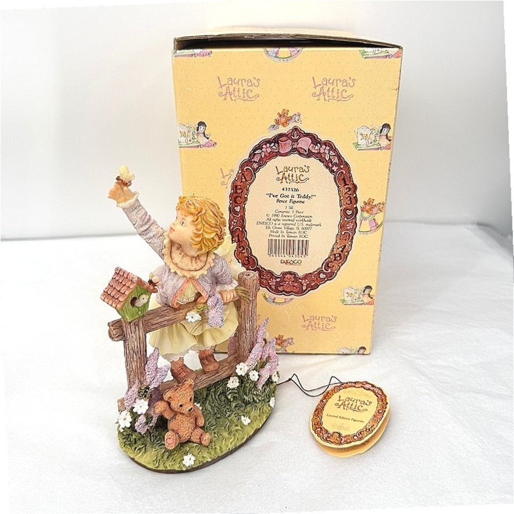 Lauras Attic I've Got it Teddy Fence Figurine Girl Butterfly Vintage Whimsical